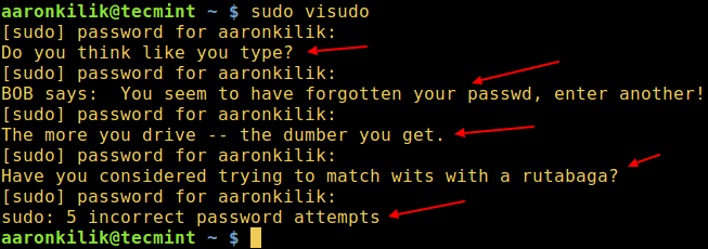 如何设置sudoers让sudo在输入密码错误的时出现“嘲讽”提示